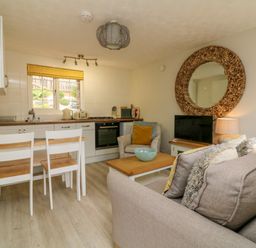 A small open plan living area with a kitchen a dining table two chairs a sofa an armchair a coffee table a TV and a large round mirror at Swallow Cottage Ilfracombe