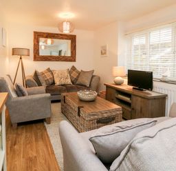 A living room with sofas a wooden coffee table a floor lamp and a TV on a cabinet at Kingfisher Cottage in Ilfracombe