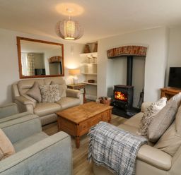 A living room with sofas a wood stove a wooden coffee table a television and a large mirror at Partridge Cottage in Ilfracombe