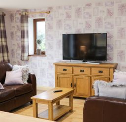A living room with two brown leather sofas a wooden coffee table a wooden TV stand with a television and patterned wallpaper at Gardener's Lodge in Nantwich