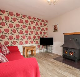 A living room with a sofa and fireplace at The Farmhouse in Brynsiencyn near Newborough