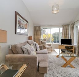 A living room with a sofa an armchair a glass coffee table a lamp and a television at Garden Cottage in Keswick