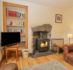 A living room with a wood stove, a television on a small table, a bookshelf, a leather sofa, and a floor lamp at Tanner Croft Cottage Grasmere