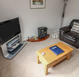 A living room with a television on a stand a black armchair a wooden coffee table a small fireplace and a floor lamp at Long Crag Annexe in Ambleside
