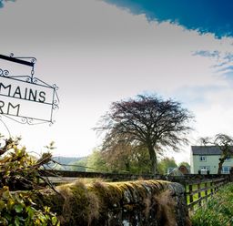 A front yard with a moss-covered stone wall a sign reading Westmains Farm a tree a gravel pathway and a house in Penton