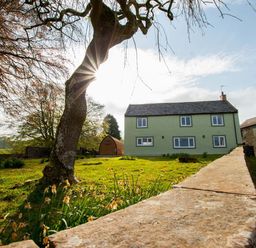 A green two-story house with several windows next to a stone wall and a tree with flowers in a grassy yard at Westmains Farm in Penton