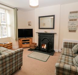 A living room with plaid sofas a wood stove on a black fireplace a TV on a wooden corner stand and a window with blinds at Raglan Cottage in Bowness-on-WIndermere