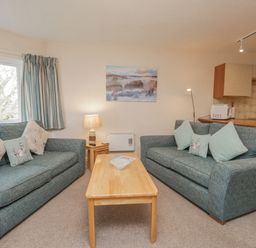A living room with two sofas and a wooden coffee table at Treetops in Windermere