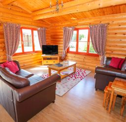 A living room with brown leather sofas a wooden coffee table television and patterned curtains at Sycamore Lodge in Greetham Rutland