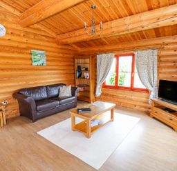A living room with a leather sofa wooden coffee table TV on a stand and a bookshelf at Cedar Lodge in Greetham Rutland
