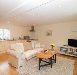 A living room with a sofa and coffee table facing a TV on a stand with books and board games and an open kitchen with cabinets and appliances at Granary 1 in Madley near Hereford