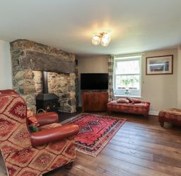 A living room with a fireplace and seating at Plas Mawr in Groeslon