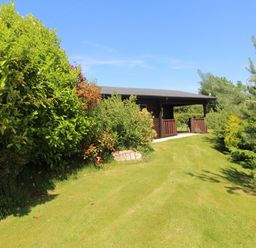 A grass lawn with bushes and trees surrounding a wooden cabin at Maple Lodge in Lanivet near Bodmin