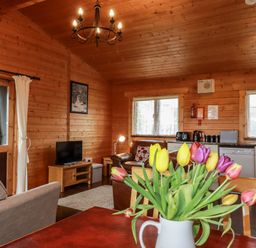 A wooden living room with a dining table with flowers a TV sofa and a kitchen area at Cedar Lodge in Lanivet near Bodmin
