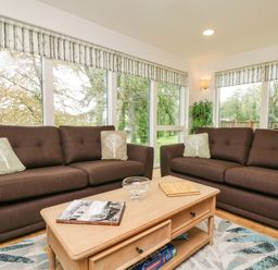 A living room with two brown sofas, green pillows with tree designs, a wooden coffee table with books and a glass bowl, and large windows with blinds at Elm in Truro