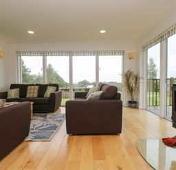 A living room with brown sofas a fireplace a plant and large windows at Hazel in Truro