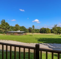A view of a grassy area with trees and wooden buildings visible from behind a wooden railing at Juniper in Truro