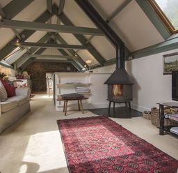A living room with a fireplace a sofa a television and a red rug at Water Barn in Manaton near Lustleigh