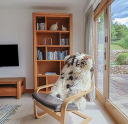 A living room with a chair and bookcase at The Old Log Shed in Honiton