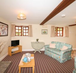 A living room with two sofas a coffee table a TV on a wooden stand and a folding table at The Linney in Colyton