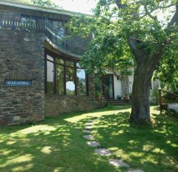 A stone house with large windows and a tree in front at Galanda Treetops in Newton Ferrers