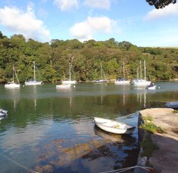 A river with boats and sailboats near a forest at Galanda Treetops in Newton Ferrers