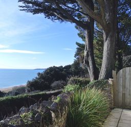 A stone wall and tall trees next to a wooden gate with a view of the sea at Coach House Cottage in Strete near Dartmouth
