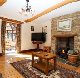 A living room with a fireplace and television at Oak Tree Halwell