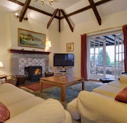 A living room with sofas a fireplace and a television at Higher Tumrose in Blisland