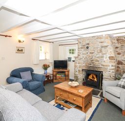 A living room with a stone fireplace a wood burning stove sofas a wooden coffee table and a television at Badger Cottage in Mawgan-in-Meneage near Helston