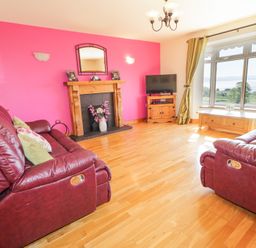 A living room with two red leather sofas wooden fireplace and a large window with curtains at Tullyally in Redcastle