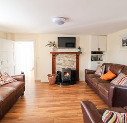 A living room with brown leather sofas and a fireplace with a TV mounted above at Grange Farmhouse in Fethard-on-Sea County Wexford