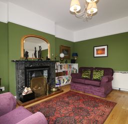 A living room with green walls purple sofas a red patterned rug and a fireplace at Dale House in Lorton
