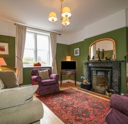 A living room with a fireplace a red patterned rug green walls and purple armchairs at Dale House in Lorton
