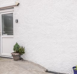 A white door with frosted glass on a textured white wall with potted plants on a concrete floor at 2 Park Nook Close in Waberthwaite