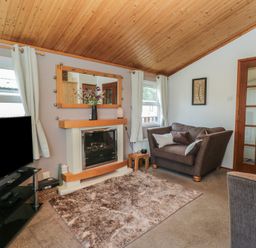 A living room with a fireplace and a sofa at The Cedars in South Lakeland Leisure Village