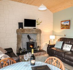 A sitting room with two brown leather sofas a stone fireplace with a fire and a TV above at Pat White's Cottage Rostrevor