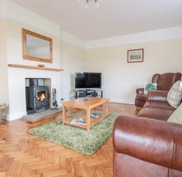 A living room with a wood burning stove a television on a stand a wooden coffee table on a rug and leather sofas at Bower View in Madley