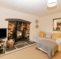 A living room with a fireplace television a sofa with cushions and a large mirror on the wall at Crannacombe Farmhouse in Loddiswell