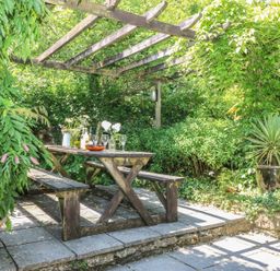 An outdoor garden area with a wooden picnic table and benches under a wooden pergola surrounded by green plants and foliage at The Cider Barn in Loddiswell