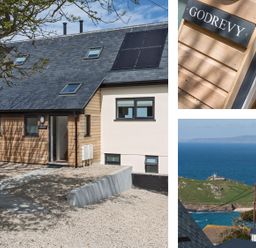 A house exterior with gravel driveway a plaque with Godrevy and a coastal view at Godrevy in St Ives