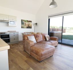 An open living room and kitchen with a brown leather sofa near a sliding glass door at Heron Lodge Castle Farm in Wedmore