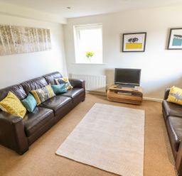 A living room with two brown leather sofas a small wooden TV stand with a television and framed pictures on the wall at Latterbarrow in Hawkshead