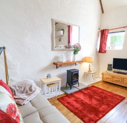 A living room with a sofa red pillows a red rug wooden floor a small stove and a television on a wooden cabinet at Rose Cottage in Penrhiwllan