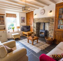 A living room with a stone fireplace and wood burning stove two sofas a wooden bookshelf and a television at Moelwyn View Cottage in Llan Ffestiniog