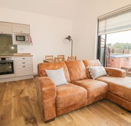 A living area with a brown leather sofa and kitchen cabinets with appliances at Swan Lodge Castle Farm in Wedmore