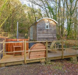 A wooden shepherds hut with a hot tub on a wooden deck surrounded by trees at Rock View Shepherd's Hut in Gulworthy near Tavistock