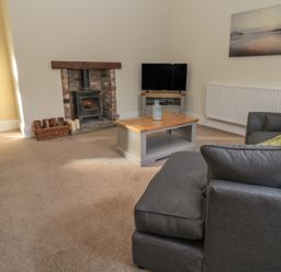 A living room with a gray sofa a wooden coffee table a TV on a stand a wood burning stove and a basket of firewood at Hare & Hounds House in Allendale