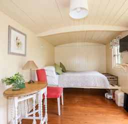 A small bedroom with a bed, red chairs, wooden table, lamp, television, and a framed picture at Orchard Burlawn near Wadebridge