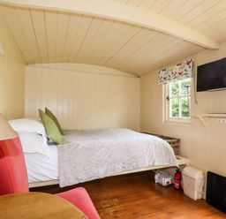 A small bedroom with a bed two green pillows a red chair a wall-mounted television and a window at Orchard Burlawn near Wadebridge